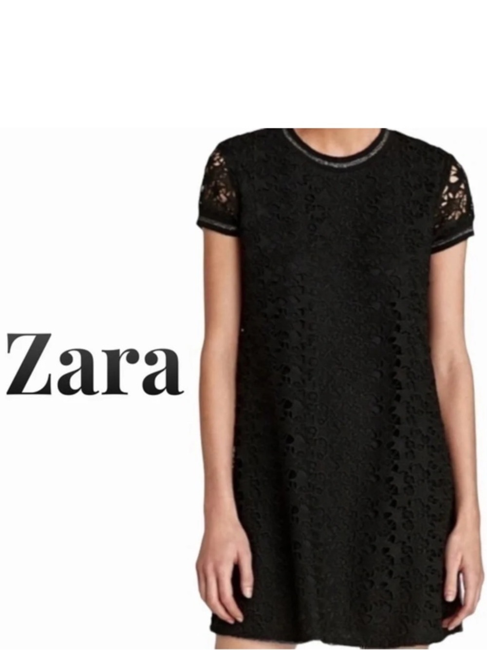 Zara black lace shift dress size M sporty chic star pattern lace